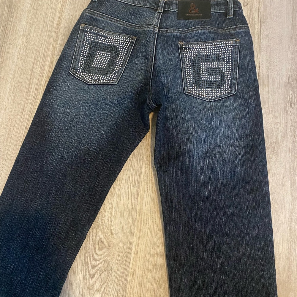 dolce & gabanna vintage rhinestone mid rise straight leg dark wash jeans